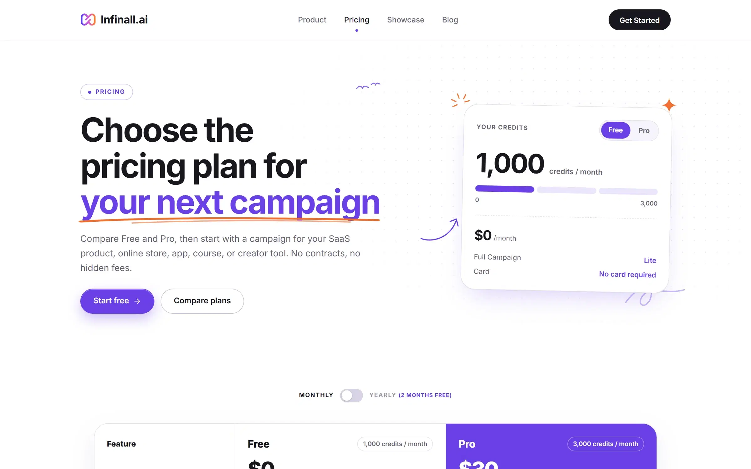 The infinall.ai pricing page comparing the Free and Pro plans.
