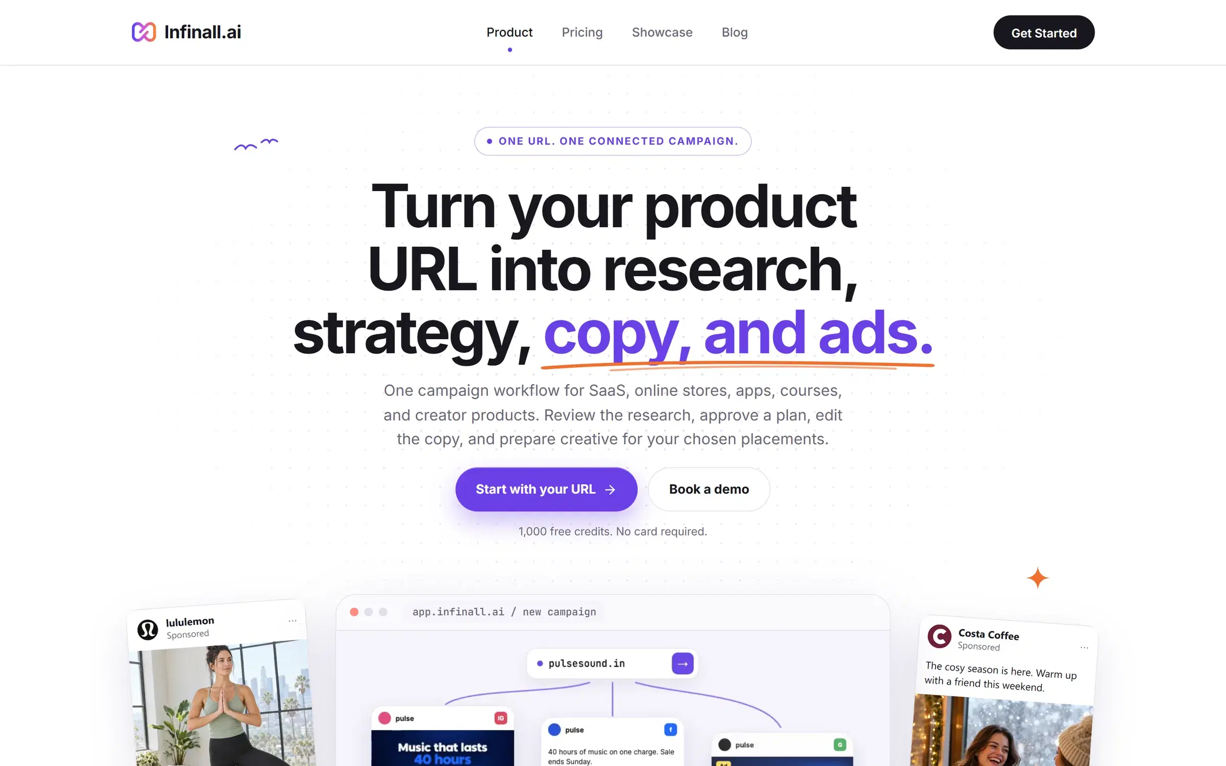 The infinall.ai product page: turn your product URL into research, strategy, copy, and ads.